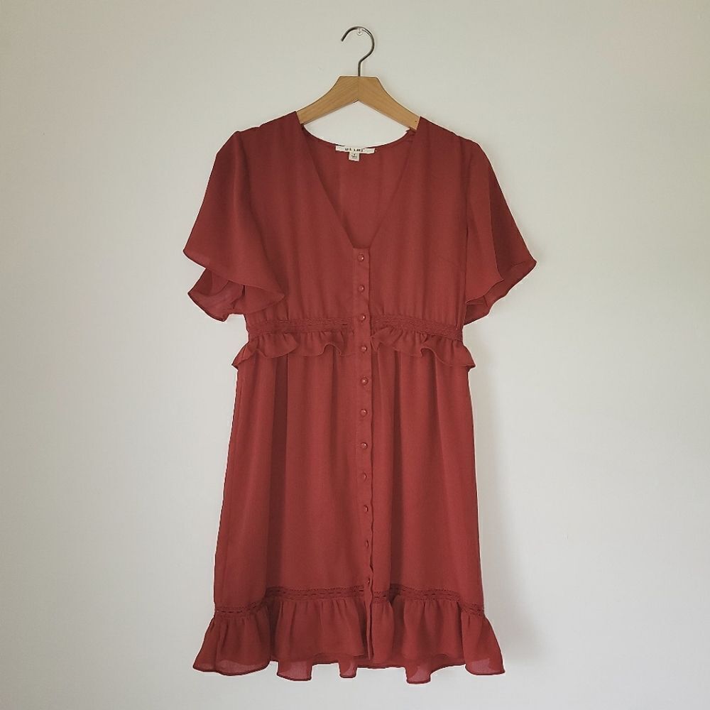Miami Ruffled Tiered Sundress Mini Flutter Sleeve Small Button Down